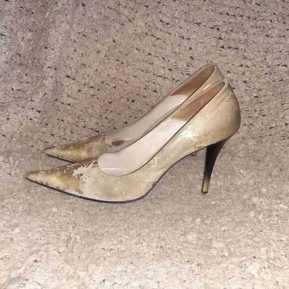 LORIBLU-Burn-Out Gold Nubuck/Leather-Distressed-Ombre Stiletto-Sz 39.5-Excellent - Picture 2 of 7